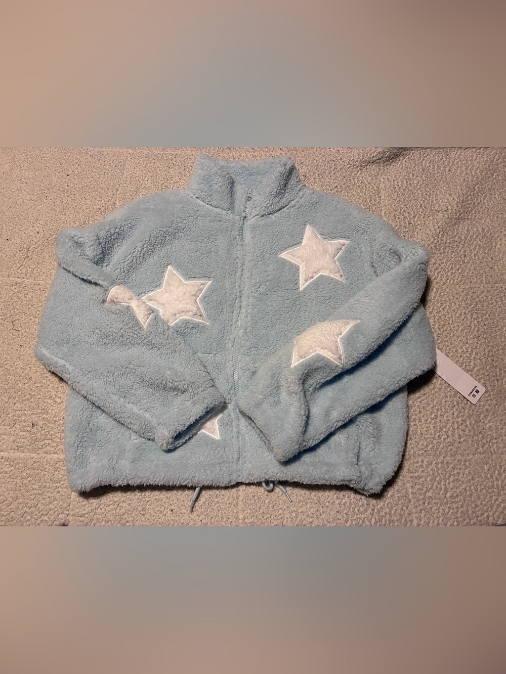 Madden Girl Light Blue Fuzzy Star Zip Jacket, size large juniors, new with tags